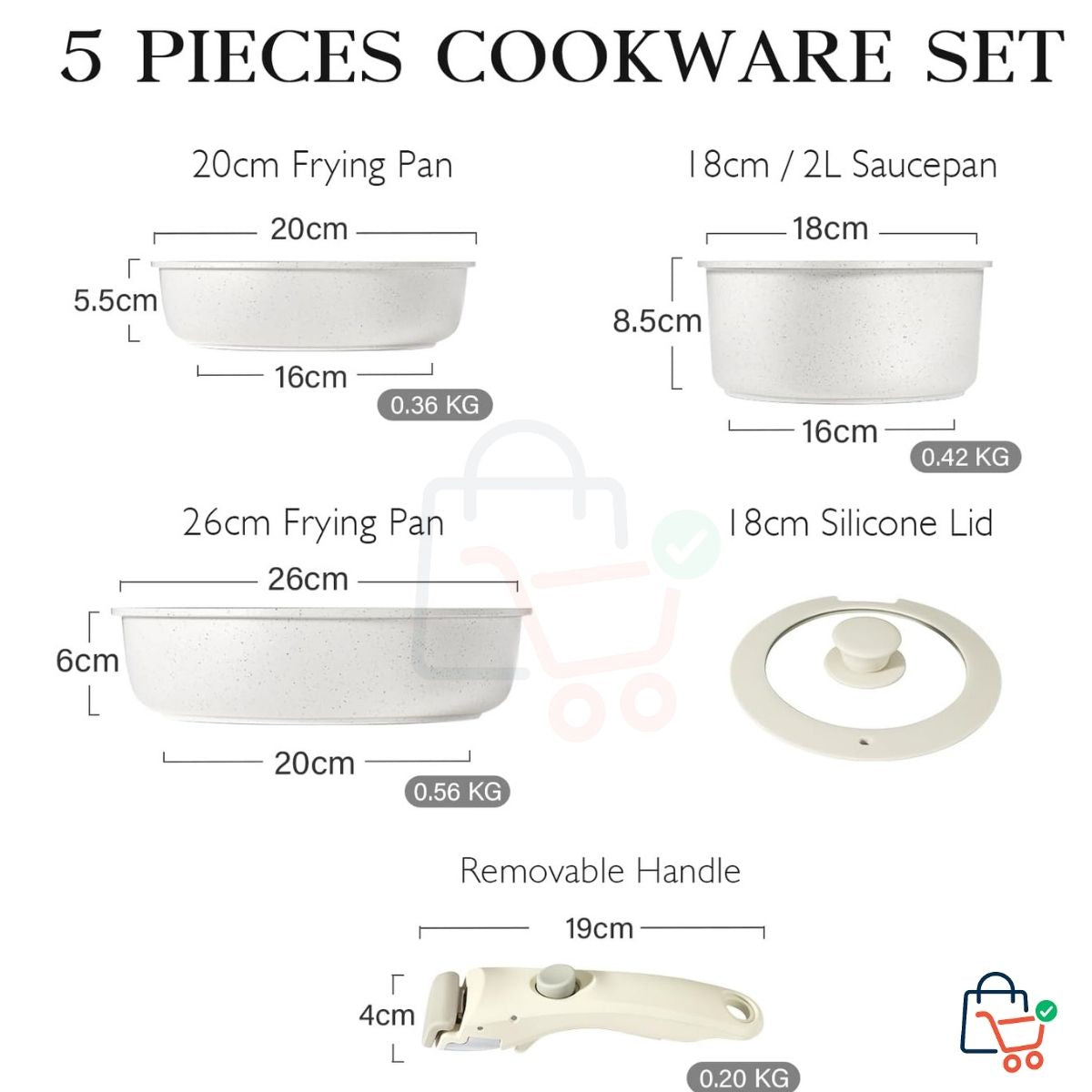 5 Pcs - Removable Handle Pots & Pans Set