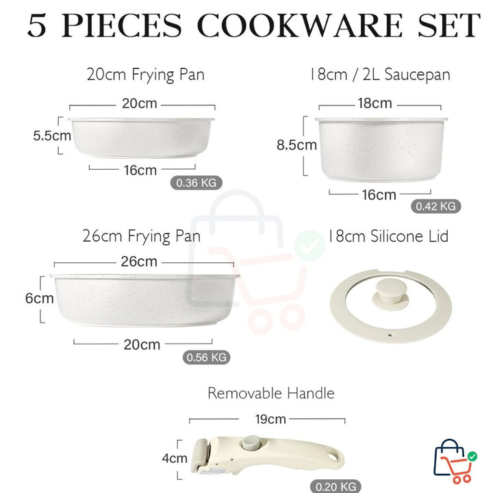 5 Pcs - Removable Handle Pots & Pans Set