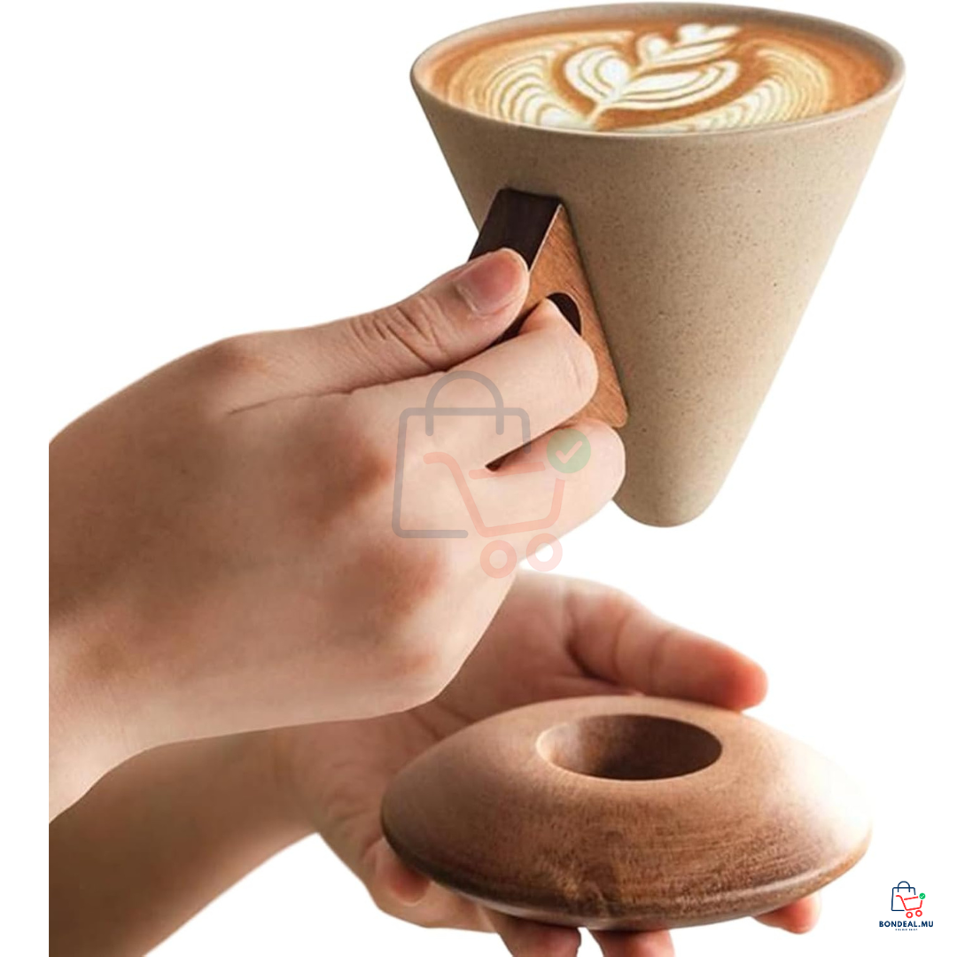 5 Pcs - Ceramic Cup with Wood Coaster