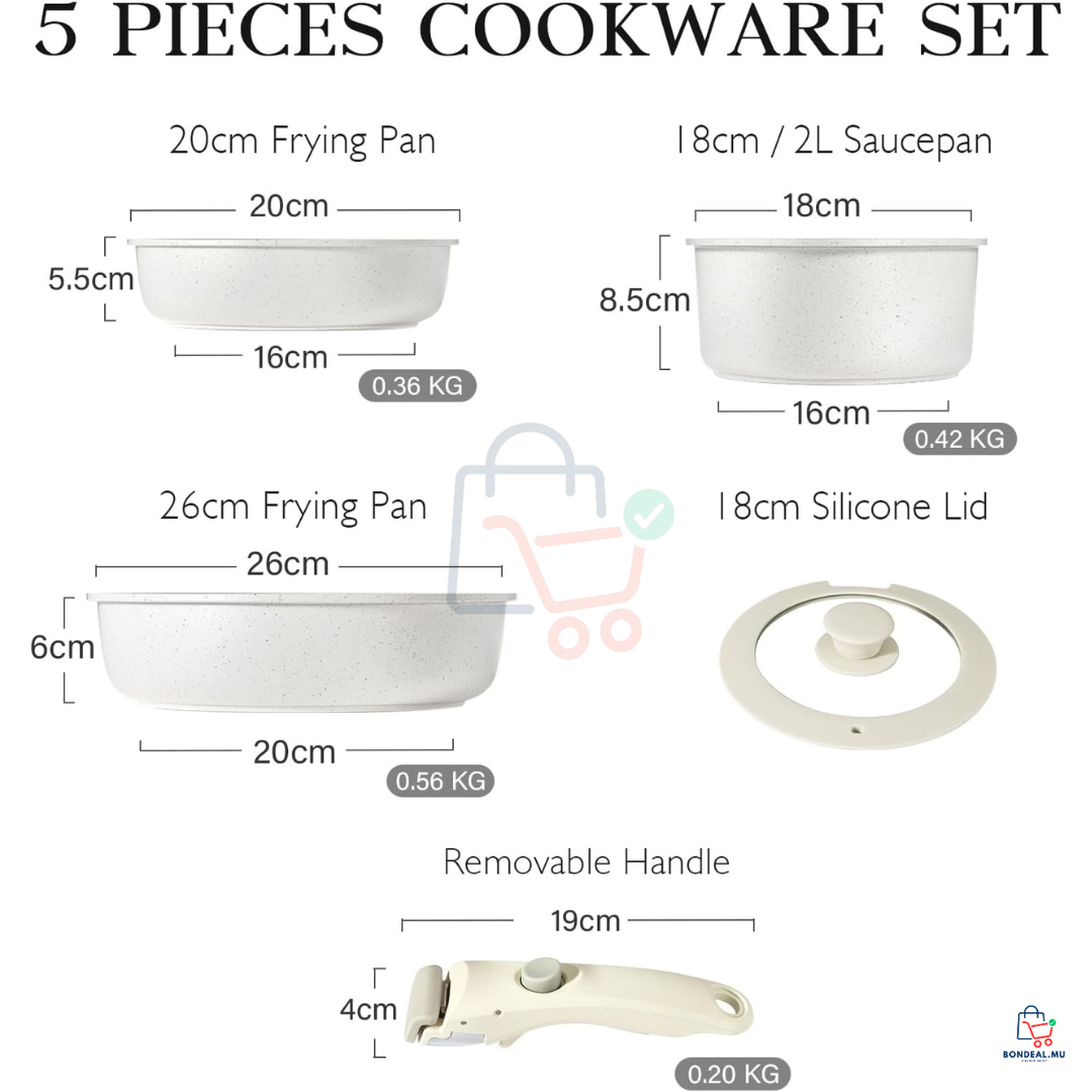 5 Pcs - Removable Handle Pots & Pans Set